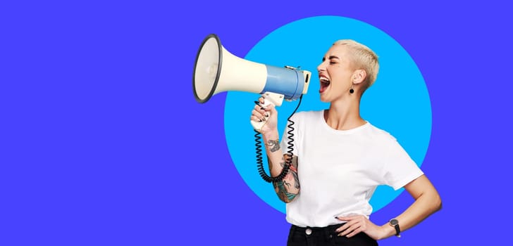 Megaphone, announcement and woman voice isolated on blue background, banner and speaking, news or broadcast. Speech, opinion and gen z person in studio, mockup and call to action, protest or change.