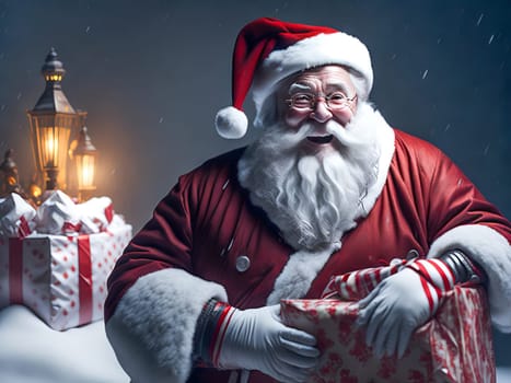 Happy Santa Claus outdoors in snowfall holding gifts for children. Generative Ai.