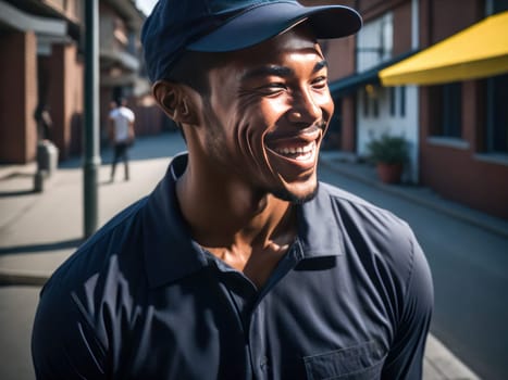 Delivery Concept - Portrait of Happy African American delivery man holding a box package outside. Generative Ai