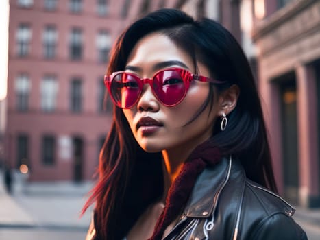 Charming asian woman in red sunglasses wearing stylish leather jacket looking at the camera standing on a blurred city background. Hipster girl. Generative Ai