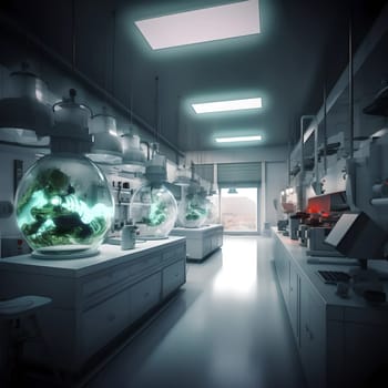 Laboratory of the future. A large room with glowing facilities