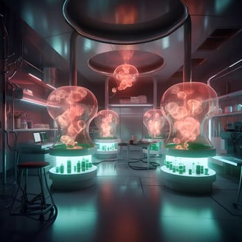 Laboratory of the future. A large room with glowing facilities