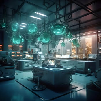 Laboratory of the future. A large room with glowing facilities