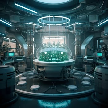 Laboratory of the future. A large room with glowing facilities