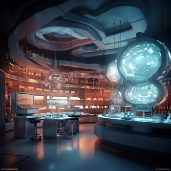 Laboratory of the future. A large room with glowing facilities