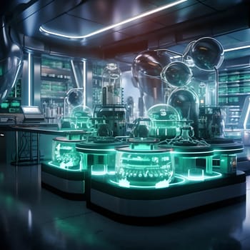 Laboratory of the future. A large room with glowing facilities