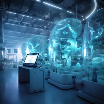 Laboratory of the future. A large room with glowing facilities