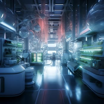 Laboratory of the future. A large room with glowing facilities