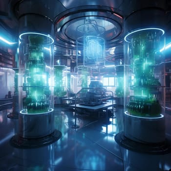 Laboratory of the future. A large room with glowing facilities