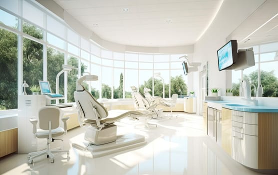 Modern dental clinic with large stations and lots of light.