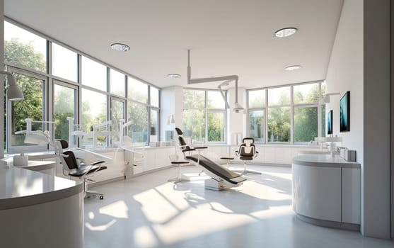 Modern dental clinic with large stations and lots of light.