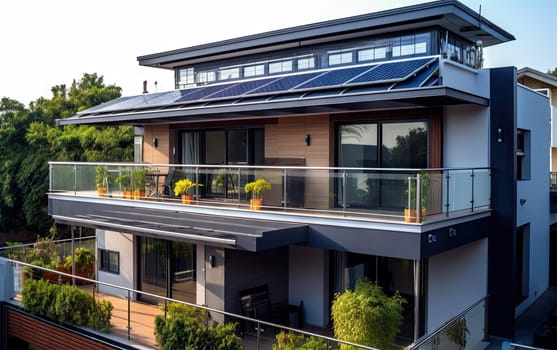 solar panels placed on balcony of modern residential house.