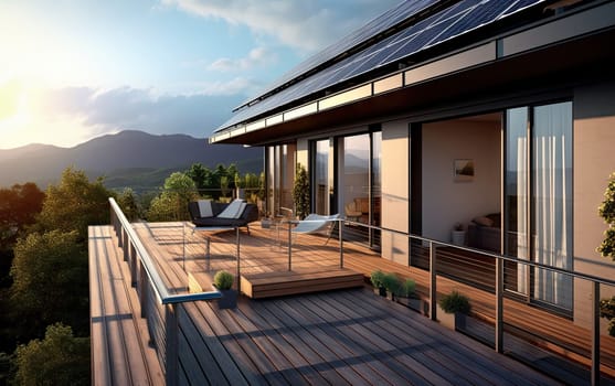 solar panels placed on balcony of modern residential house.