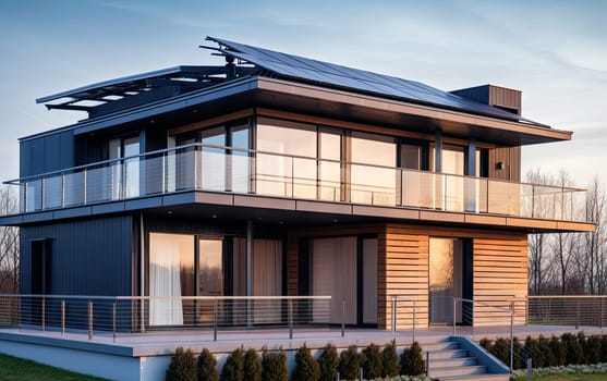 solar panels placed on balcony of modern residential house.