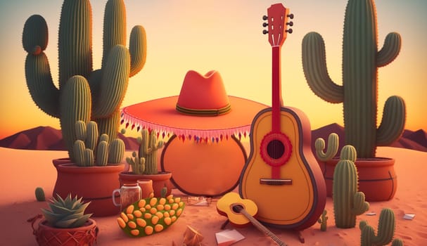 Festive card for Junina festival - whimsical cactus in a hat and flowers. banner, copy space. illustration created by Generative AI