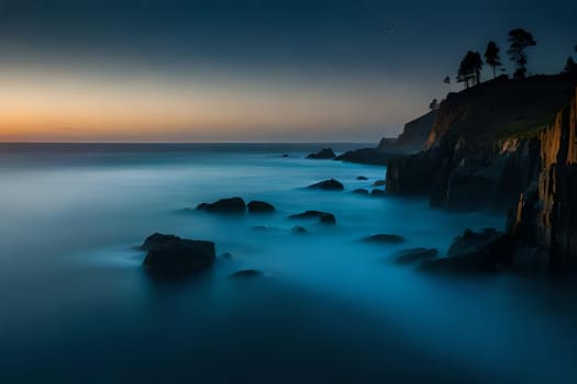 Moonlight in ocean landscape. The ocean stretches out as far as the eye can see, its surface a canvas of deep, midnight blue. AI generated image