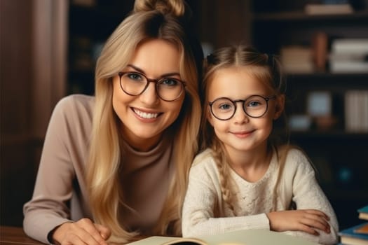 Back to school. Mother and daughter doing homework together preparing for classes. AI Generative