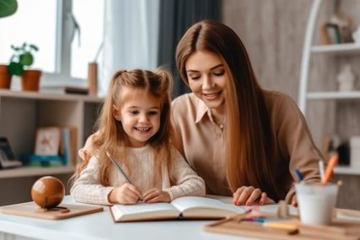 Back to school. Mother and daughter preparing bag for school. AI Generative