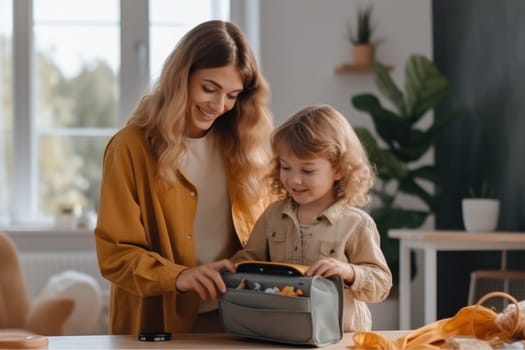 Back to school. Mother and daughter doing homework together sitting at the desk. AI Generative