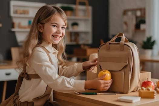 Back to school. Little preschool girl preparing bag. AI Generative