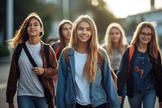 Happy teenager students walking to school together. AI Generative