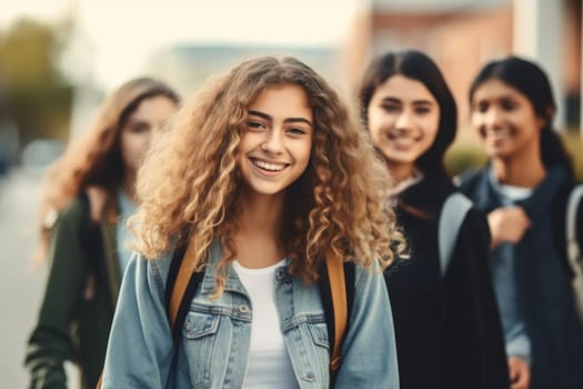 Happy teenager students walking to school together. AI Generative