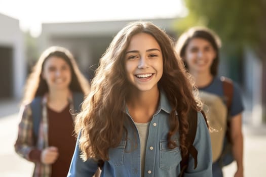 Happy teenager students walking to school together. AI Generative