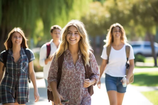 Happy teenager students walking to school together. AI Generative