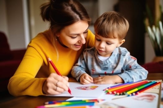 Back to school. Mother and son doing homework together sitting at the desk. AI Generative