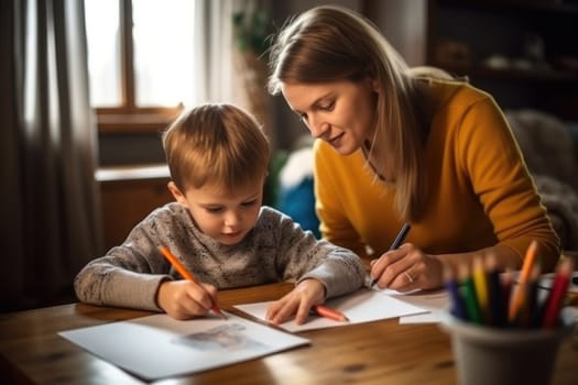 Back to school. Mother and son doing homework together sitting at the desk. AI Generative