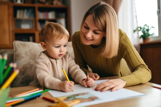 Back to school. Mother and son doing homework together sitting at the desk. AI Generative