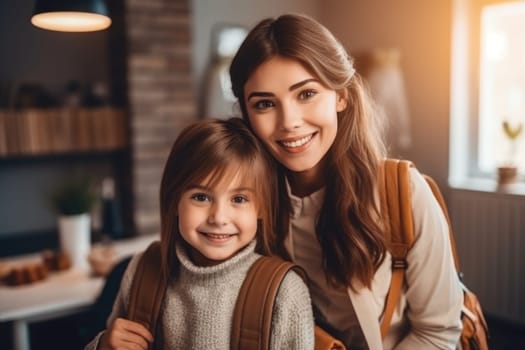 Back to school. Mother and daughter doing homework together preparing for classes. AI Generative