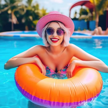Beautiful blonde young woman with inflatable ring relaxing in blue swimming pool, AI Generative