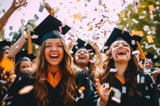 Graduation Caps Thrown in the Air, Graduates celebrating and screaming, AI Generative