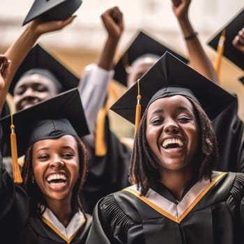 Graduation Caps Thrown in the Air, Graduates celebrating and screaming, AI Generative