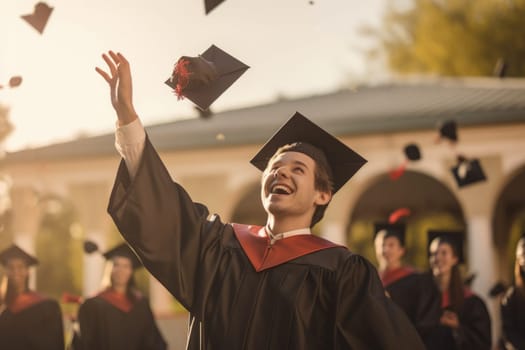 Graduation Caps Thrown in the Air, Graduates celebrating and screaming, AI Generative