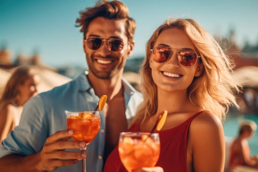 Happy couple of woman and man in orange clothes enjoying refreshing drink on the beach, AI Generative