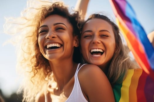 Proud multiethnic lesbian women embracing during gay pride parade. happy young women holding LGBTQ flag. AI Generative