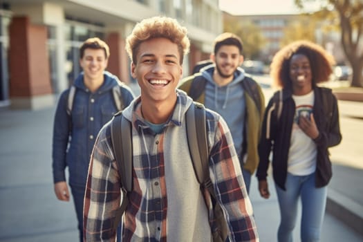 Happy students walking to school together. AI Generative