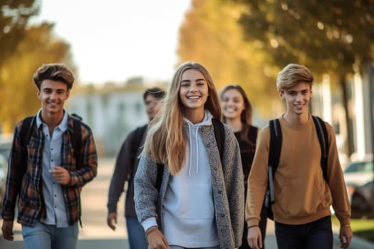 Happy students walking to school together. AI Generative