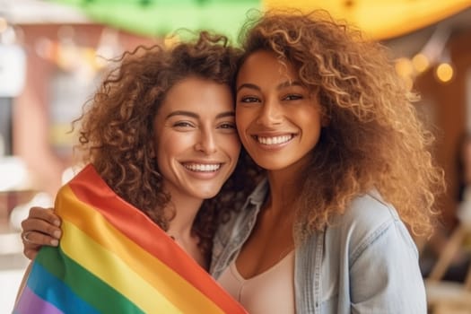 Proud multiethnic lesbian women embracing during gay pride parade. happy young women holding LGBTQ flag. AI Generative