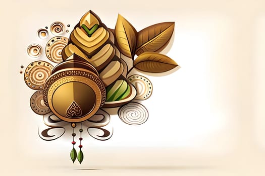 Happy ugadi greeting card background with kalash. Happy Ugadi holiday composition - Hindu New Year festival. Decorated Kalash with coconut, flowers, mango leaves and diya.