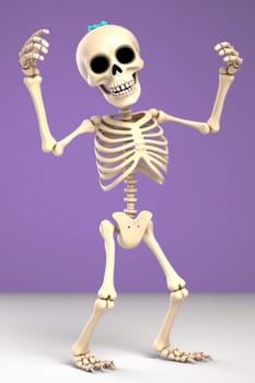 Funny dancing white skeleton on a violet background. Vertical. Ai generative