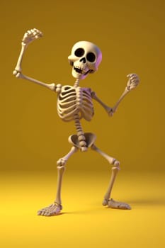 Happy dancing white skeleton isolated on yellow background. Vertical. Ai generative
