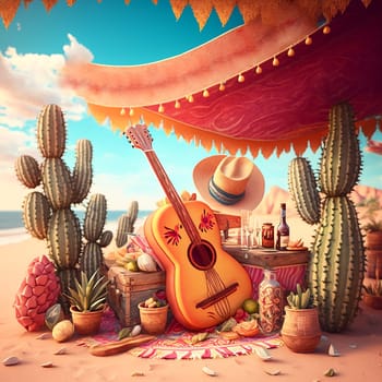 Festive card for Junina festival - whimsical cactus in a hat and flowers. banner, copy space. illustration created by Generative AI