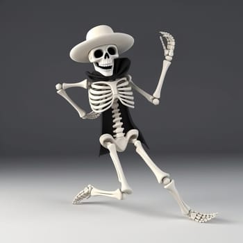 Cute dancing white skeleton in a black cloak and hat on a gray background. Ai generative