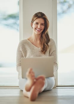 Smile, laptop and portrait of woman on floor at home, relax and sitting on ground. Computer, happy and person from Norway typing, writing blog for social media or email, internet or web research