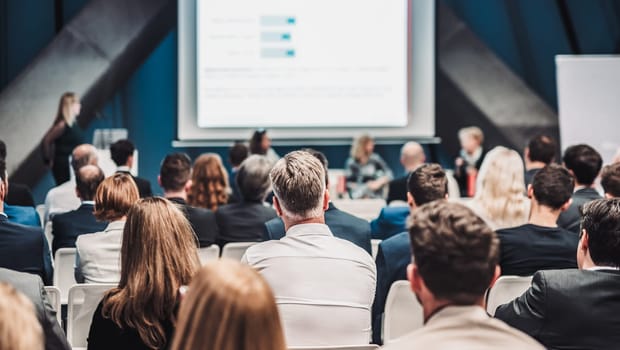 Round table discussion at business conference meeting event.. Audience at the conference hall. Business and entrepreneurship symposium