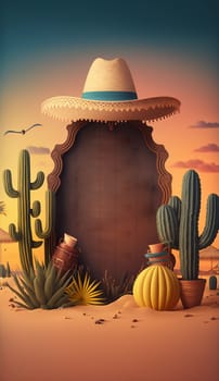 Festive card for Junina festival - whimsical cactus in a hat and flowers. banner, copy space. illustration created by Generative AI