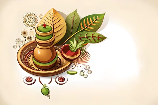 Happy ugadi greeting card background with kalash. Happy Ugadi holiday composition - Hindu New Year festival. Decorated Kalash with coconut, flowers, mango leaves and diya.